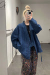 AVIVA JIFEI XUE Indigo Stripe Linen Short Kimono Jacket A21-KJS Reversible Indigo Stripe Linen Short Kimono Jacket